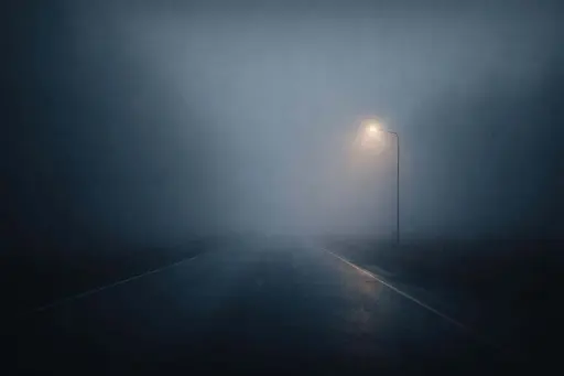 Minimal cinematic 3:2 landscape of an empty road vanishing into dense morning fog, with a lone off-center streetlight casting a soft warm halo on damp pavement.