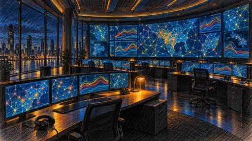 An empty electricity grid control room at night with a curved wall of glowing map screens, rows of dark desks and chairs and a glass wall onto a dark city.
