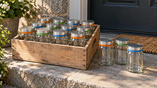 A wooden crate of twelve empty clear glass jars with plain steel lids and orange, green and blue silicone rings stands on a stone doorstep beside a front door in soft morning window light, a few jars standing next to the crate.