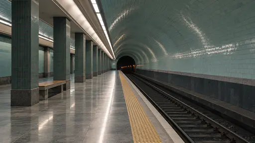 An empty metro platform with a row of slim columns, a long bench, a polished stone floor and a curved tiled vault leading to the dark tunnel mouth.