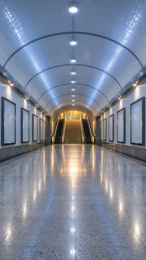 An empty underground metro corridor with curved white tiled walls, a polished floor, recessed lights and escalators with a warm exit glow at the far end.