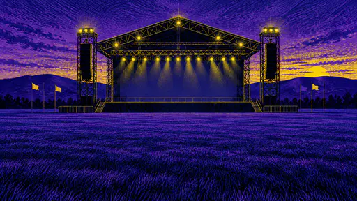 A large empty open air festival stage with a gabled steel truss roof, two speaker towers and a row of hanging lamps faces an open field at dusk in electric yellow and indigo.
