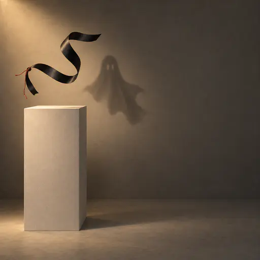 A square minimalist studio scene: one unadorned chalk-white pedestal column stands at the left third on a seamless chalk floor, and above its top hovers a single black satin ribbon in a floating S-curve, one end knotted with a thin muted-red thread. The ribbon's wall shadow reads as a soft faint ghost-sheet silhouette beside a clear right half kept as product space. Soft amber light falls off into warm charcoal grey — a quiet eerie Halloween product backdrop.