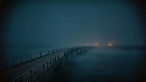 Cinematic 16:9 night wallpaper of an empty pedestrian bridge over water with thick fog, muted cool tones, distant lamp glows, wide negative space, and quiet solitude.