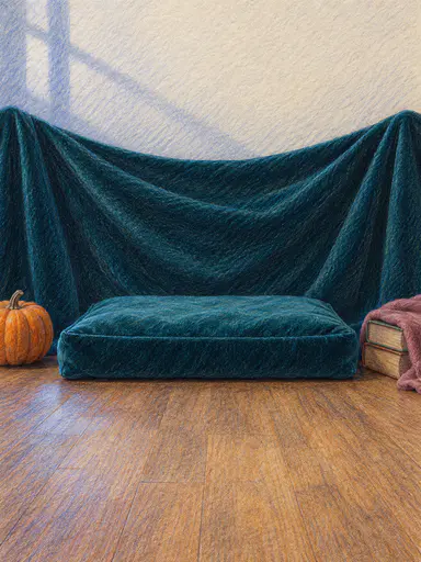 An empty deep-teal velvet cushion sits frontally on a warm wooden floor in a small moonlit portrait set: a draped dark teal cloth and pale cream wall behind, one small pumpkin at the far left edge and a stack of two plain unlettered books with a folded dusty-rose cloth at the far right, drawn in layered colored pencil with clear head and body room above the cushion.