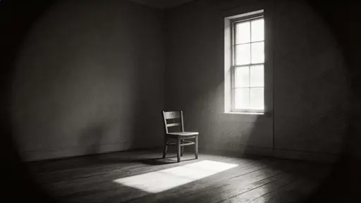 Black-and-white 16:9 interior photo of an empty room with one simple wooden chair and a tall window, soft rectangular light across the floor and quiet negative space.