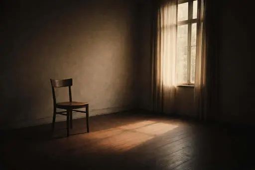 Widescreen 3:2 film interior of an unoccupied room with one off-center wooden chair and a tall window casting a soft rectangle of light, quiet and still.