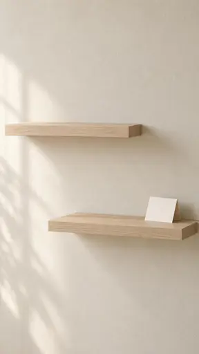 A plain bone plaster wall with two shallow staggered pale ash shelves, upper left and lower right; the lower shelf stands empty except one small folded paper card leaning against the wall, its soft shadow tenting the bare wood, while the upper shelf holds nothing.