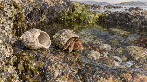 An empty pale spiral shell rests beside an occupied shell with a small hermit crab's claws and legs showing, side by side on the wet granite rim of a tide pool, a few barnacles and a trace of seaweed around them in low raking light.
