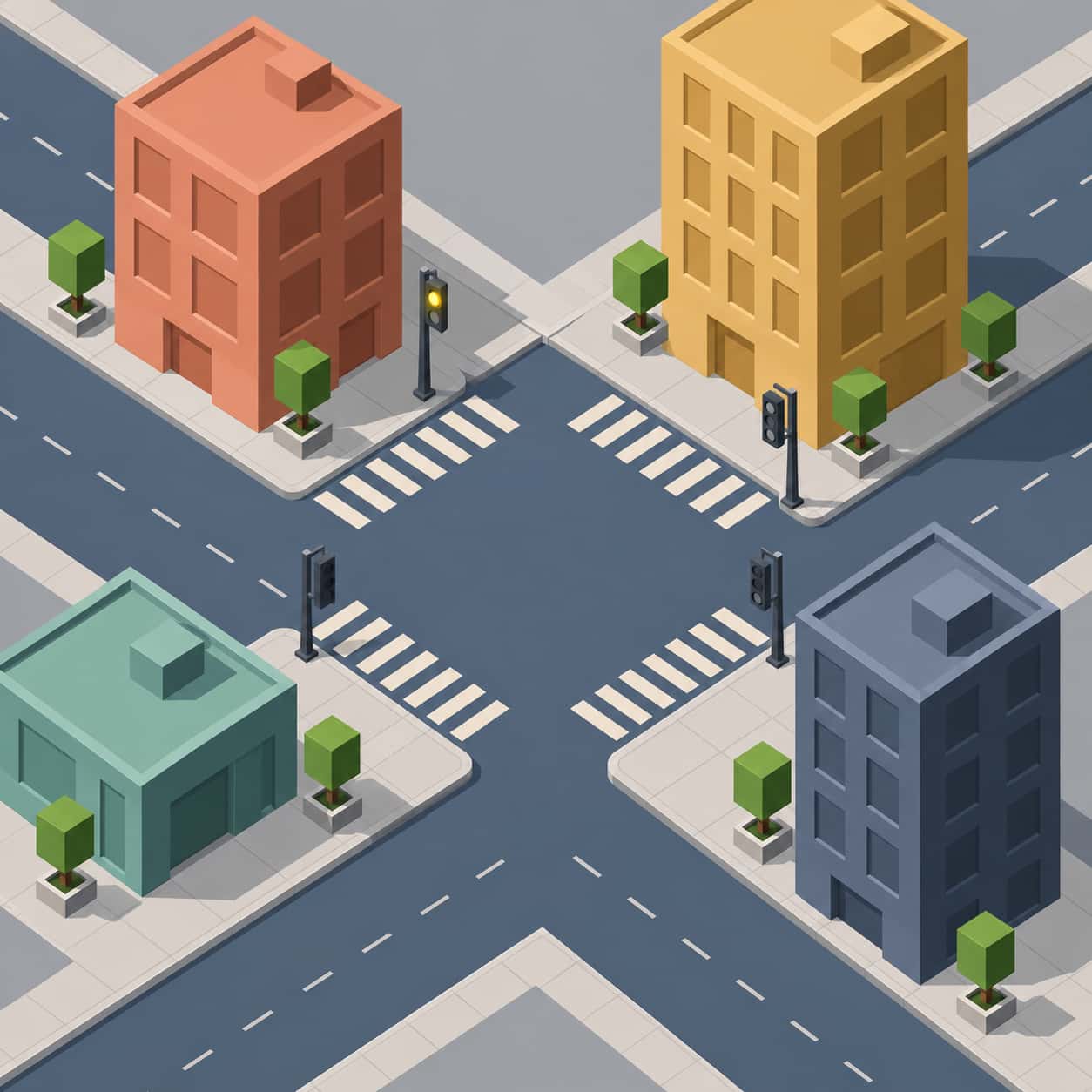 An empty four-way street intersection with white crossing stripes, traffic lights on corner poles, four corner buildings and small planter trees in isometric vector style.