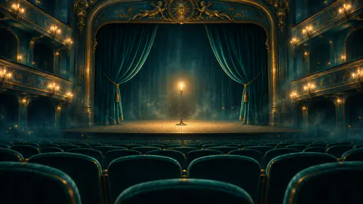 An empty proscenium theater stage has a half drawn teal velvet curtain and a single ghost light at centre above empty velvet seats and gilded balconies in a painterly storybook style.