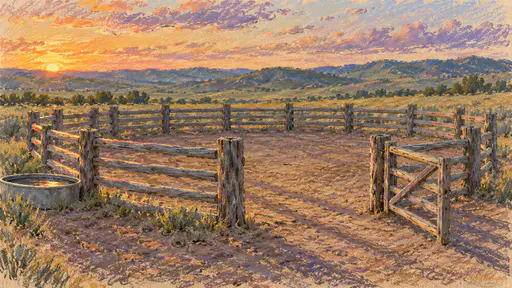 An empty round corral of grey weathered rails with a water trough and an open gate stands before low hills at dusk in oil pastel scumbles.