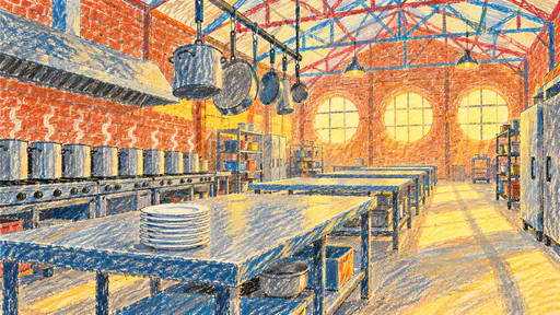 A wax crayon drawing of the empty interior of a brick warehouse made into a community kitchen: steel trusses overhead, a row of stock pots on the hob, steel prep tables with stacked plates, hanging pans and round windows glowing at the end.