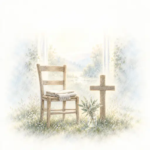 An empty wooden chair with a folded cloth stands beside a small plain wooden cross in soft grass next to a jar of green leaves in a pale powdery pastel illustration.