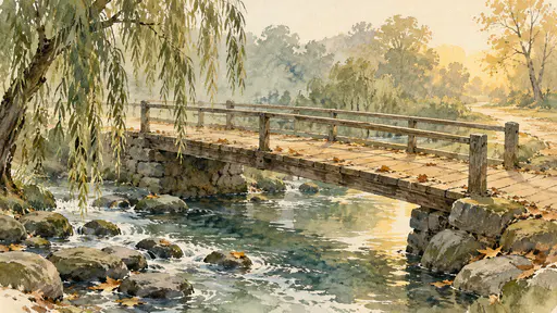 An empty wooden footbridge with simple handrails crosses a small park stream with a hanging willow, stepping stones and fallen leaves in washes and ink.