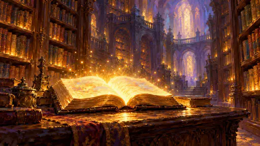 An enchanted glowing book lies open on a wooden reading table in a vast old library with golden light and tiny sparks rising from its pages between tall shelves.