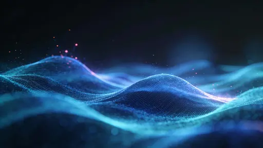 A flowing field of luminous energy waves sweeps across a dark backdrop into smooth layered blue and cyan curves with drifting particles, soft distant haze, and warm pink sparks.