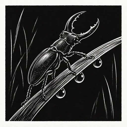 A stag beetle with raised jaws climbing a grass blade, fine white cut lines on its wing cases, three dew drops below the blade, dense black background.