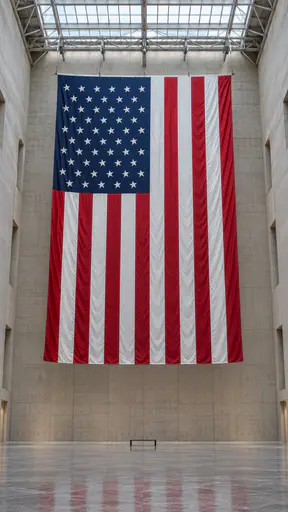An enormous American flag hangs from roof trusses down a plain concrete atrium wall beneath a long skylight with a polished stone floor and one tiny bench far below.