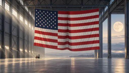 An enormous American flag with one deep fold hangs from steel roof beams at the end of an empty industrial hall with shafts of pale daylight and a small forklift far below.