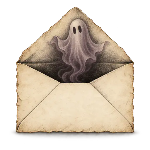 Original Halloween envelope collage asset in engraved vintage style: an aged parchment envelope with its flap open and a small translucent ghost-shaped shadow slipping out from beneath it, muted plum wisp with faded black engraving and a parchment tone, isolated on a transparent background for Halloween stationery and craft graphics.