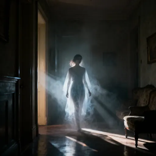 A haunting, realistic ghost photograph captured in a 1:1 aspect ratio: a subtle, translucent apparition in a dimly lit interior scene, combining photographic realism with artistic, creative interpretation. Emphasize atmospheric lighting, mo