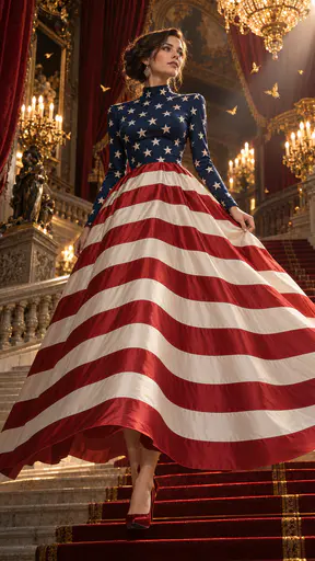 An adult woman on an opera house staircase in a high neck long sleeved gown with a blue starry bodice and a skirt of thirteen red and white satin stripes lifted off the steps.