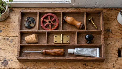 A wooden mending tray on a pine workbench holds a horn button, a red wooden wheel, a wooden kettle handle grip, a brass screw, a cork stopper, a brass hinge and a small black knob in separate compartments with a screwdriver and glue beside it.