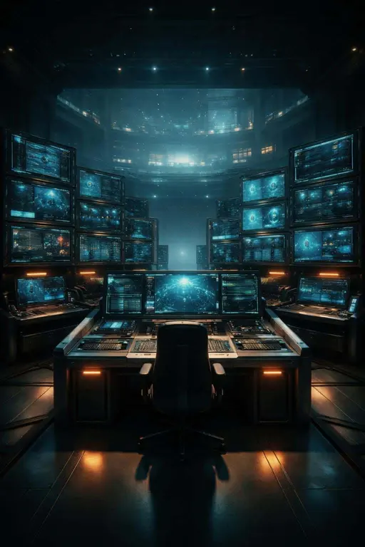Executive control center rendered as a 3d interior scene for a poster-cover, framed in a vertical 2:3 ratio with cinematic oversight and dramatic lighting.
