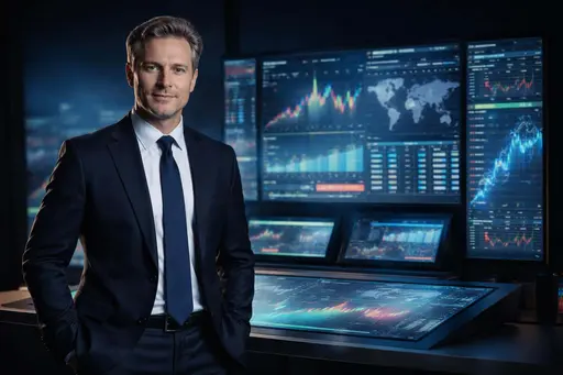 Night-time corporate office portrait of a single executive framed by multiple glowing data screens, composed as a 3:2 editorial image for a poster-cover use.