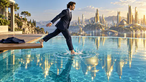 Taking the plunge: a business-dressed adult captured mid-step from a low diving board into a luminous pool reflecting an unfamiliar city, one foot in the water and jacket folded behind.