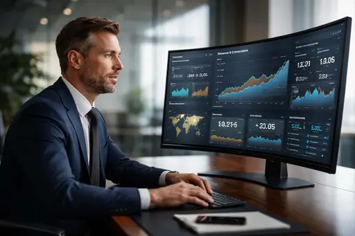 Executive reviews live performance metrics on a curved widescreen in a modern office, shot in polished editorial photography for corporate social-post and marketing use.