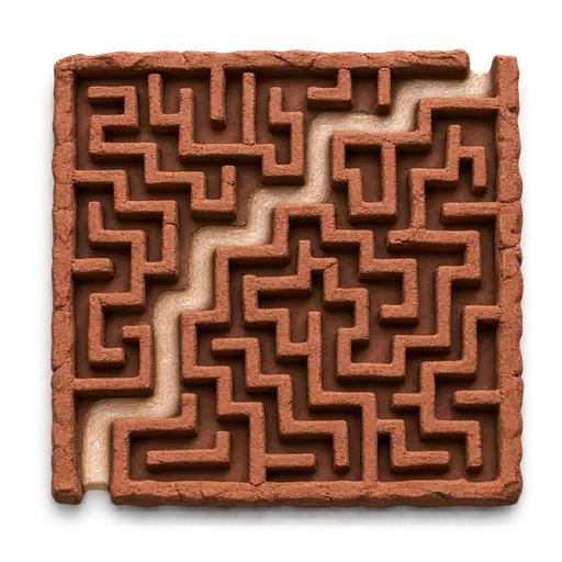 Experience wears a path through confusion: A tabletop maze of rough red clay walls seen from above, where one smooth, glossy path worn by repeated attempts threads continuously from the entrance to the exit. The worn route shows how experience makes a confusing situation easier to navigate.