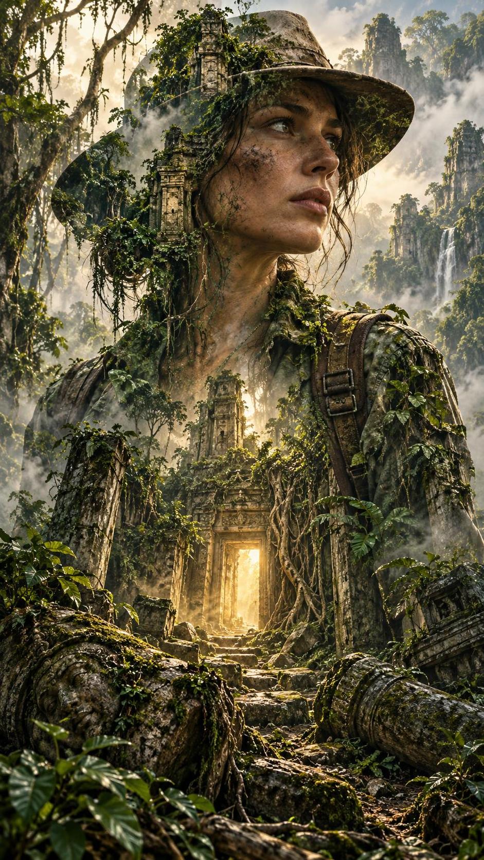 An intrepid adult explorer in a field jacket and hat stands at the edge of an ancient overgrown ruin discovering a hidden stone doorway glowing with soft light between vines and fallen columns.