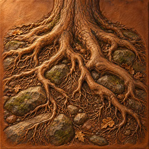 The exposed roots of an old tree curl and branch over stones on a rocky bank with soil and fallen leaves in burnished tooled leather relief.