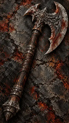 An ornate medieval fantasy battle axe with a long dark haft and a curved spiked engraved blade runs diagonally through a tall frame in forceful expressionist brushwork.