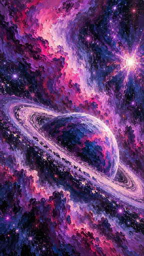An exoplanet with glowing rings hangs in a violet and magenta nebula sky with a flaring star painted in forceful expressionist brushwork.