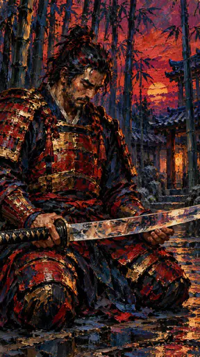 A samurai warrior in layered lacquered armour kneels in a quiet bamboo courtyard at dusk studying the blade of his katana with his thoughtful face reflected in the steel.