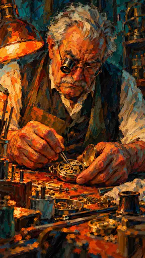 An elderly watchmaker with round glasses and a magnifier bends over the tiny gears of a vintage pocket watch under a warm lamp in forceful expressionist brushwork.
