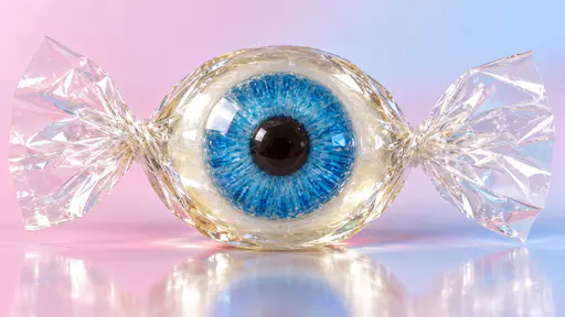 Eye candy: A hard candy sweet with a blue iris and pupil center wrapped in clear twist wrappers on a pastel pink and blue ground.
