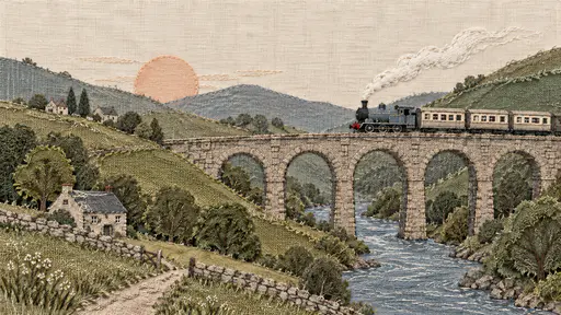 A blue steam engine with a red buffer and cream carriages crossing a five-arch stone viaduct over a river of stitched thread, burlap hills, cottages and a pale peach sun on ivory cloth.