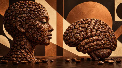 A human face in profile and a brain, both sculpted from roasted coffee beans, with a few loose beans scattered on a dark surface.