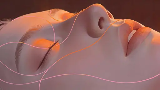 A calm face sculpted in soft rose-gray, overlaid with thin contour lines in sunset orange and pastel pink, centered in a 16:9 frame with a tight midshot crop.