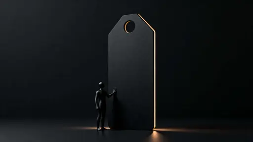 In a dark 16:9 scene a matte-black faceless character at the lower-left gently touches a towering price-tag-shaped monolith center-left, its brushed-gold edge softly rim-lit to form a calm sculptural silhouette.