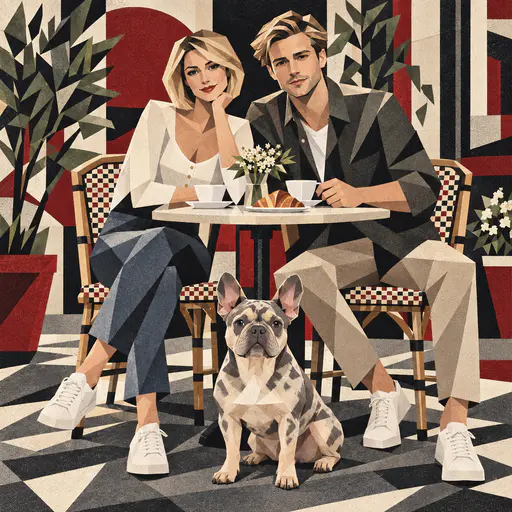Geometric deco poster of a couple and a French bulldog at a café table against red and black art-deco panels