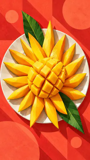 A ripe yellow mango cut into a radiating starburst sits on a round white plate with two green leaves against a deep coral ground in angular deco planes.