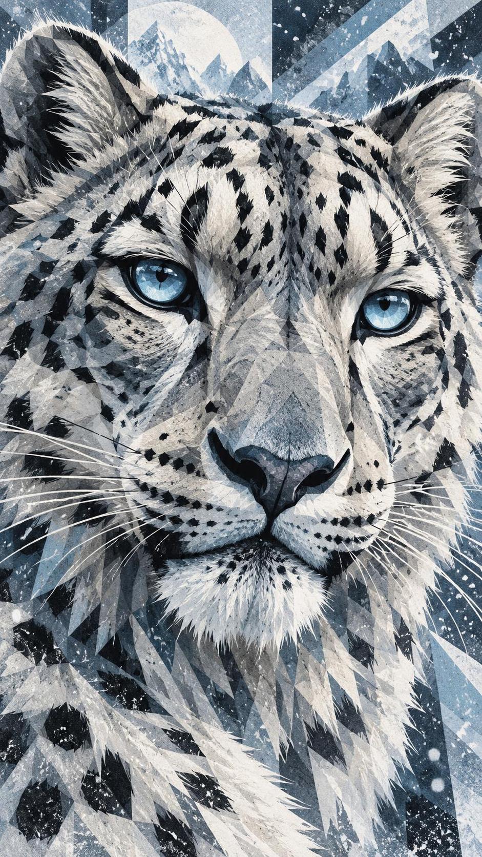 A close up black and white portrait of a snow leopard with thick spotted fur, pale piercing eyes and long whiskers against a soft snowy blur.