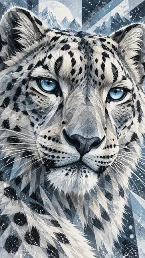 A close up black and white portrait of a snow leopard with thick spotted fur, pale piercing eyes and long whiskers against a soft snowy blur.