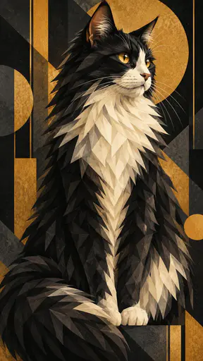 A long haired black and white tuxedo cat with a fluffy white chest and amber eyes in angular geometric deco planes on a deep dark ground.