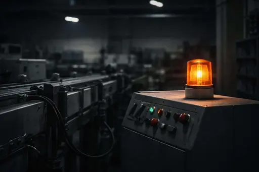 Factory downtime moment rendered as industrial photography in 3:2 poster format showing silent machines, a single warning light, cool steel tones, and a tense, motionless atmosphere.